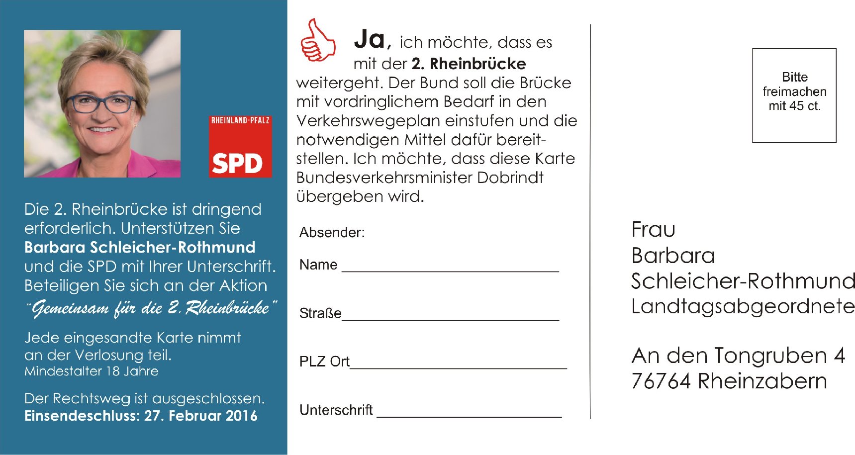 Postkarte pro 2. Rheinbrücke: Ausfüllen, zurückschicken - Verkehrsminister Dobrindt soll viel zu lesen bekommen. 