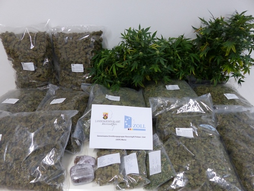 Sichergestelltes Marihuana und Haschisch sowie sichergestellte Cannabis-Pflanzen. Foto: pol