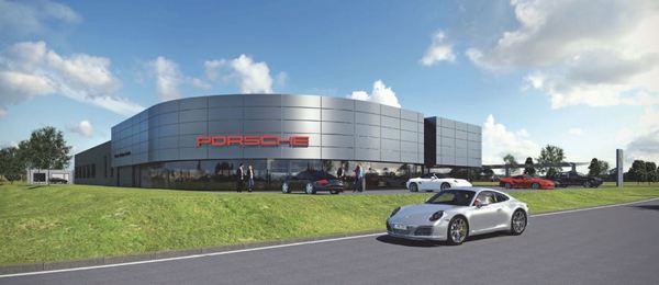 So soll das Porsche-Zentrum im D10, dem Erweiterungsabschnitt des Gewerbeparks „Am Messegelände“, aussehen. Foto: Dienberg Architekten GmbH Gelsenkirchen)