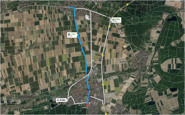 Bildausschnitt von Google maps für die Strecke L540 von Bellheim nach Rülzheim